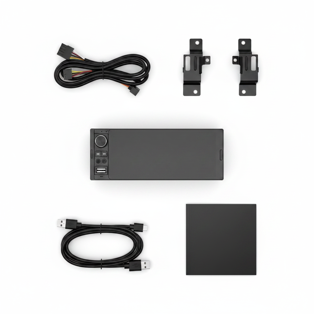 Autoradio CarPlay PulirAuto® flat lay fond blanc